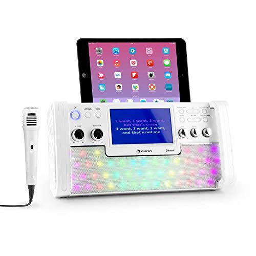 AUNA DiscoFever LED Edition - Karaoke system, machine with Bluetooth, 7" TFT screen, recording function, CD player, USB port, MP3 support, microphone, and karaoke CD, white.