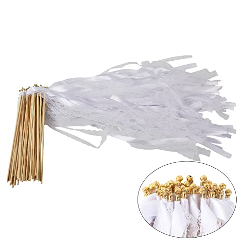 50 pcs Wedding Wands, Wedding Wand Ribbon Wands with Bell, Silk Fairy Stick, Wedding Wands for Parties, Holidays, Celebrations, White