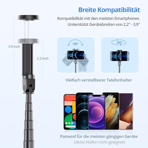 ATUMTEK Selfie Stick 150CM 3 in 1 Selfie Stick Bluetooth Telescopic Selfie Stick Tripod with Detachable Remote Phone Tripod for iPhone 13 Pro Max, Samsung, and other smartphones Red