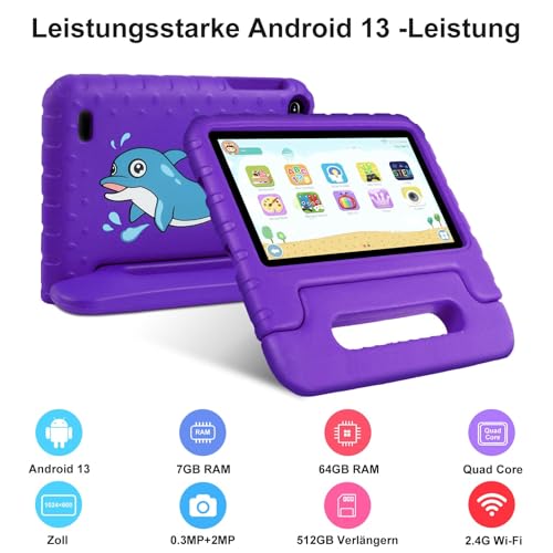 AOCWEI Tablet Android 13 7-inch, 7GB RAM 64GB ROM/TF 512GB, Parental Controls, Education + Games, Dual Camera| WiFi6| BT5.0| Tablet with Case (Purple)