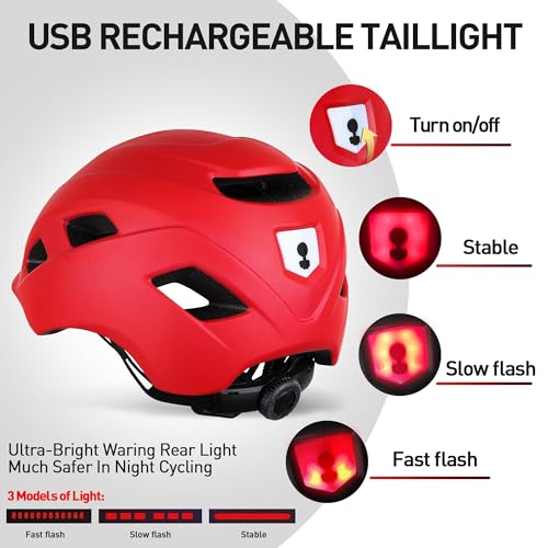 Adult bike helmet with visor and LED, 21 ventilation openings, women's bike helmet, mountain and road bike helmet for men and women, adjustable size 57-61 cm (Red)