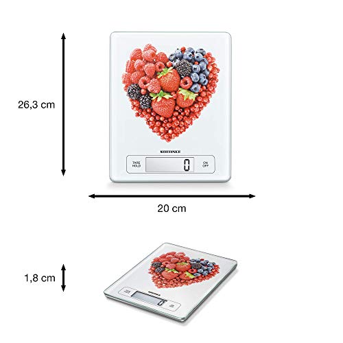 Soehnle Page Profi Fruit Hearts, digital kitchen scale for up to 15 kg with add-weight function, practical household scale with sensor touch, electronic scale including batteries, extra-large weighing surface.
