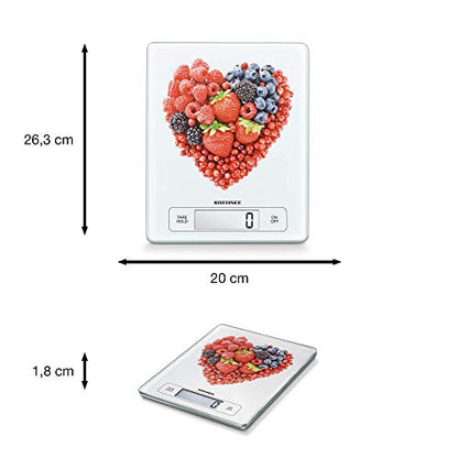 Soehnle Page Profi Fruit Hearts, digital kitchen scale for up to 15 kg with add-weight function, practical household scale with sensor touch, electronic scale including batteries, extra-large weighing surface.
