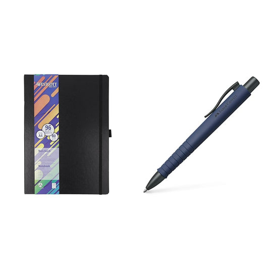 Westcott notebook A4 squared | 192 pages in elegant hardcover binding & Faber-Castell 241189 - Ballpoint pen Poly Ball, urban navy blue, 1 piece, with replaceable refill, document proof