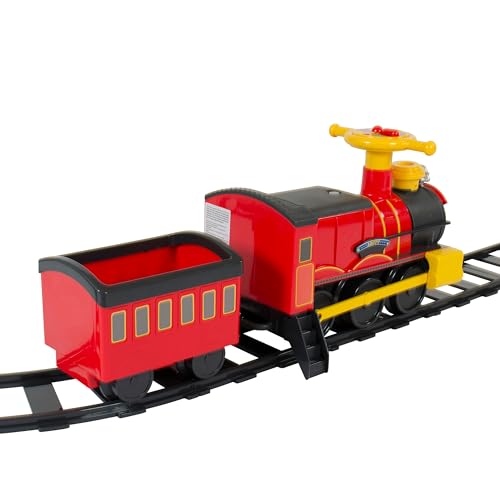 ROLLPLAY Electric Train Steam Train with trailer (children's vehicle to sit on, train emits water vapor, locomotive including track set length 7.3 m, for children) 26311