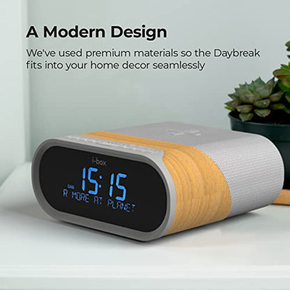 i-box DAB/DAB+ & FM Radio Alarm Clock, wireless fast 10W Qi charging Large digit display Dual alarm with Bluetooth 5.0, 2x5W stereo speakers, DAB Radio, 2X USB charging ports