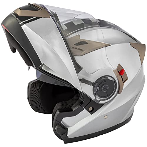 A-Pro Motorcycle Helmet Flip-Up Helmet Dual Visor Graphic Touring Approved ECE 22 Silver XL