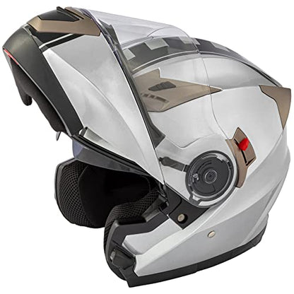 A-Pro Motorcycle Helmet Flip-Up Helmet Dual Visor Graphic Touring Approved ECE 22 Silver XL