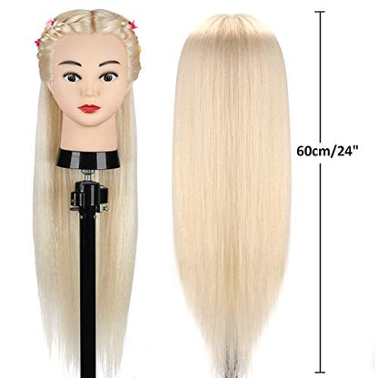 Practice Head, TopDirect 60cm/24 Inch 70% Real Hair Mannequin Head Wig Head Doll Head Hairdresser Head Training Heads with Stand + DIY Hair Accessories Styling, White