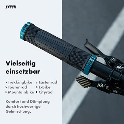 AARON MTB bicycle grips, sporty handlebar grips made of non-slip rubber, Gray Blue Lock-On Gel grips with handlebar end caps for mountain bike, trekking bike, e-bike, crossbike, fixie and more.