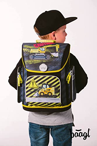 Baagl schoolbag for boys in 1st grade, ergonomic school bag for boys in elementary school, light kids backpack with chest strap (excavator).