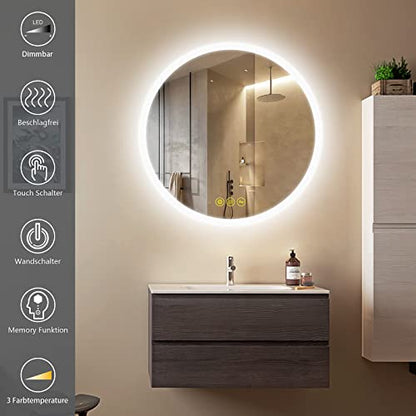 AI-LIGHTING Bathroom Mirror with Round Lighting 50 cm, 3 Light Colors, Fog-Free, Memory Function, Touch Switch, Energy Efficient.