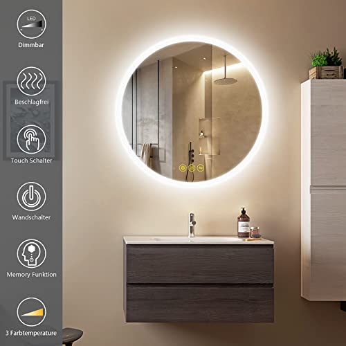 AI-LIGHTING Bathroom Mirror with Round Lighting 50 cm, 3 Light Colors, Fog-Free, Memory Function, Touch Switch, Energy Efficient.