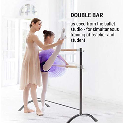 Klarfit Ballet Barre, Free-standing ballet barre for home, barre, dance pole for ballet, movement training & stretching, mobile ballet barre, steel pipes with wood look, 2x38mm Ø, 110x113cm, black