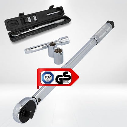 UNITEC torque wrench, adjustable from 40 to 210 Nm, 1/2" square drive, with sockets 17/19 mm and extension, silver