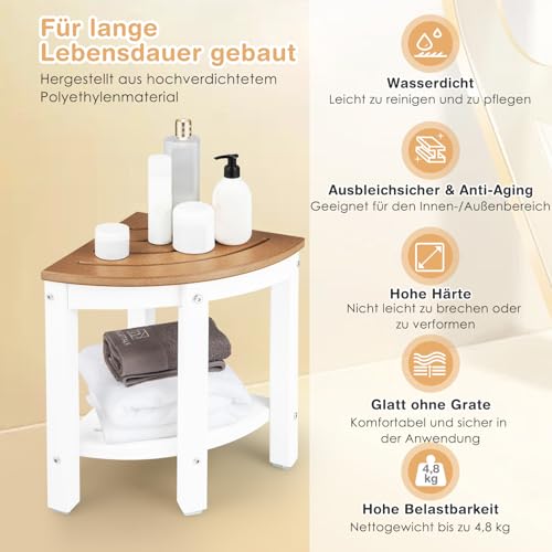 RELAX4LIFE corner shower bench, HDPE shower stool with storage, bathroom footrest for small spaces, waterproof shower stool up to 150kg capacity, 2-tier organizer for indoor showers, brown + white.