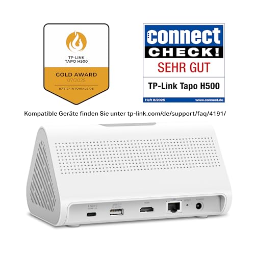Tapo H500 HomeBase, 16GB built-in, expandable storage up to 16TB, supports 16 Tapo cameras & 64 sensors, local storage, HDMI, 5 GHz WLAN/Ethernet, built-in alarm, Matter compatible.