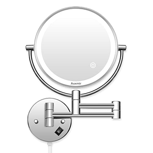Auxmir makeup mirror with LED lighting, 1X / 5X magnification, double-sided stainless steel vanity mirror, wall-mounted for bathroom, spa, and hotel.