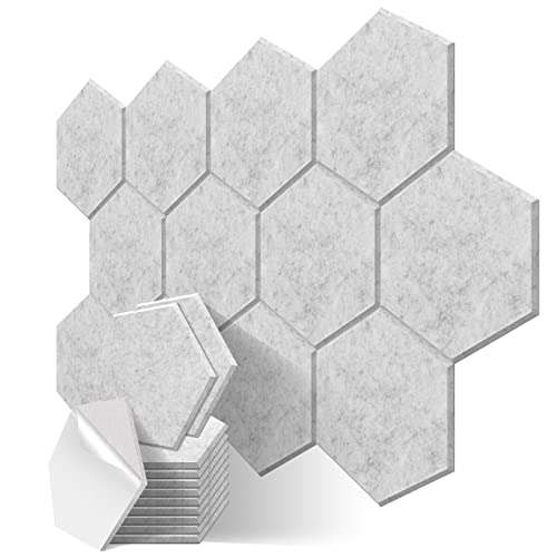 JBER Hexagon Acoustic Panels, soundproof foam panels, self-adhesive, 35.6 x 30.5 x 1cm, high-density sound-absorbing panels for acoustic treatment, home office, 12 pieces - silver gray