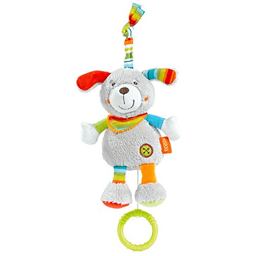 Fehn 086102 Mini music box dog / cuddly toy with integrated music box playing gentle melody "Mozart's Lullaby" to hang on stroller, infant car seat, or crib, for babies and toddlers from 0+ months.