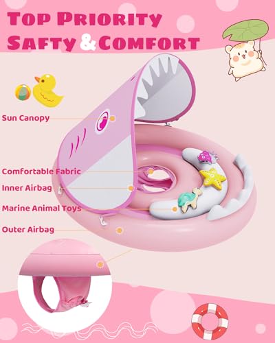 ANSTEN Baby Swimming Ring Pink, suitable for babies aged 6-36 months. With sunshade, detachable toys, and inflatable double ring chambers for water familiarization.