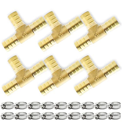 Bwintech 6 Piece Hose Connectors, 16mm 3-Way T Connector, Brass Connection with 18 clamps.