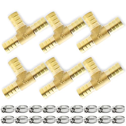 Bwintech 6 Piece Hose Connectors, 16mm 3-Way T Connector, Brass Connection with 18 clamps.