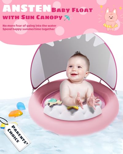 ANSTEN Baby Swimming Ring Pink, suitable for babies aged 6-36 months. With sunshade, detachable toys, and inflatable double ring chambers for water familiarization.