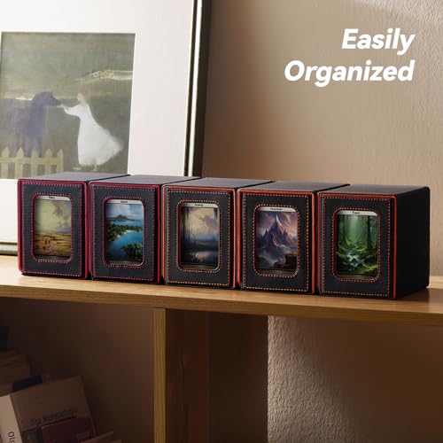 Mage Tech Card Deck Box for MTG Commander - Patented design, Commander display, fits 100 double-sleeved cards, 35pt card brick & dice tray - Red/White.