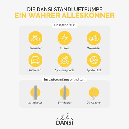 DANSI bicycle pump I floor pump suitable for all common valves including gauge & adapters I bike pump, air pump (Comfort)
