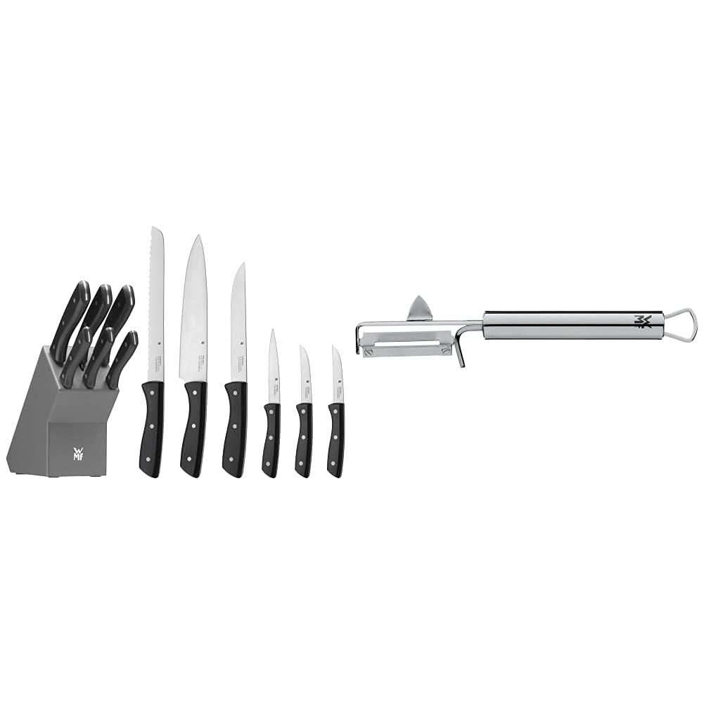 WMF knife block with 7-piece knife set, kitchen knife set with knife holder, 6 sharp knives & Profi Plus potato peeler pendulum blade 19 cm, single-edged pendulum peeler, vegetable peeler.