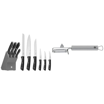 WMF knife block with 7-piece knife set, kitchen knife set with knife holder, 6 sharp knives & Profi Plus potato peeler pendulum blade 19 cm, single-edged pendulum peeler, vegetable peeler.