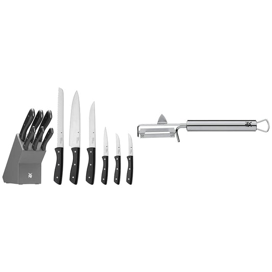 WMF knife block with 7-piece knife set, kitchen knife set with knife holder, 6 sharp knives & Profi Plus potato peeler pendulum blade 19 cm, single-edged pendulum peeler, vegetable peeler.