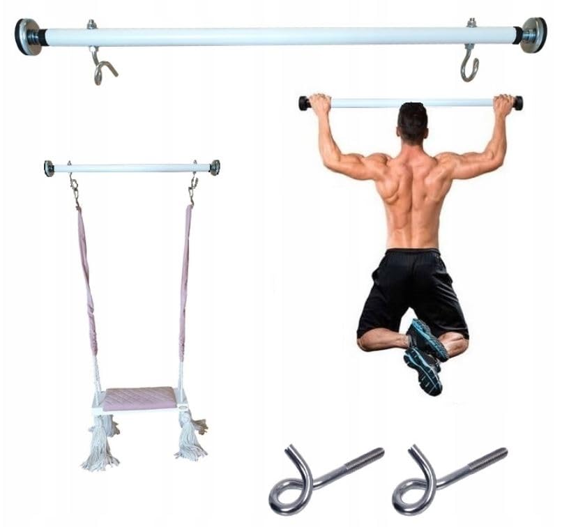 Create for you - Pull-up bar for door frames with hooks for kids swing, no-drill installation, metal horizontal bar, Pull Up Bar, home fitness equipment, White, 80 cm.