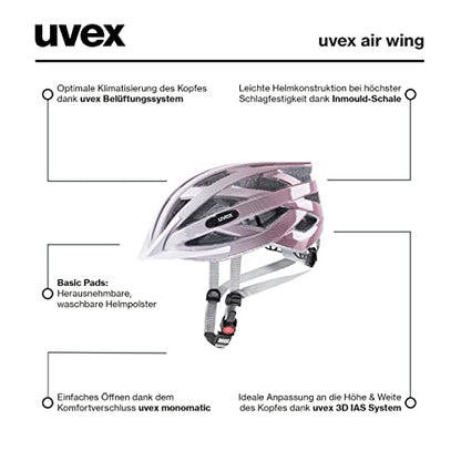 uvex air Wing - Lightweight all-round helmet for women and men - individual size adjustment - expandable with LED light - White - rose - 52-57 cm