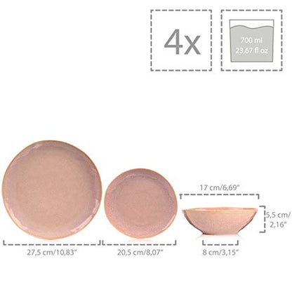 SINGER | Tableware Nice made of earthenware, 12-piece dinner set for 4 people, Pink with gold rim, Modern design