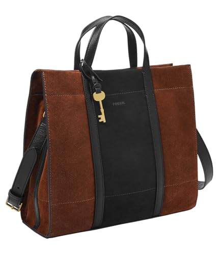 Fossil women's bag Carmen, suede/eco leather, polyurethane detailing, shopper brown/black 30.81 cm L x 12.07 cm W x 26.37 cm H ZB1362199