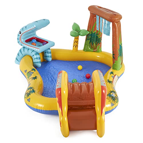 Intex Dinosaur Water Sprayer Play Center measuring 20 x 1.2 m, inflatable kids pool with colorful Fun Ballz, 100 pieces.