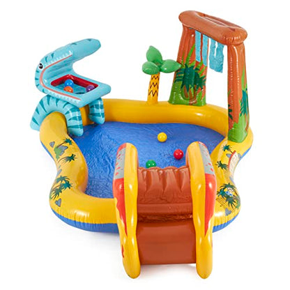 Intex Dinosaur Water Sprayer Play Center measuring 20 x 1.2 m, inflatable kids pool with colorful Fun Ballz, 100 pieces.
