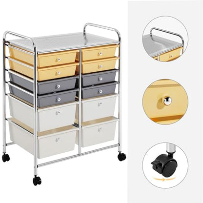 Yaheetech Kitchen Trolley on Wheels, Rolling Kitchen Cart with 12 Stackable Drawers, Utility Cart for Bathroom, Kitchen, Office, Makeup, 63 × 38.5 × 82 cm, Yellow/Gray/Beige.