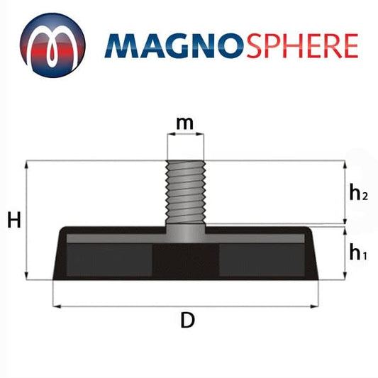 2 x Neodymium magnet system rubberized Ø 88 mm threaded stud (external thread) M8 - adhesive force 55 kg - 2 pieces - Strong magnets with rubber coating - Anti-slip coating