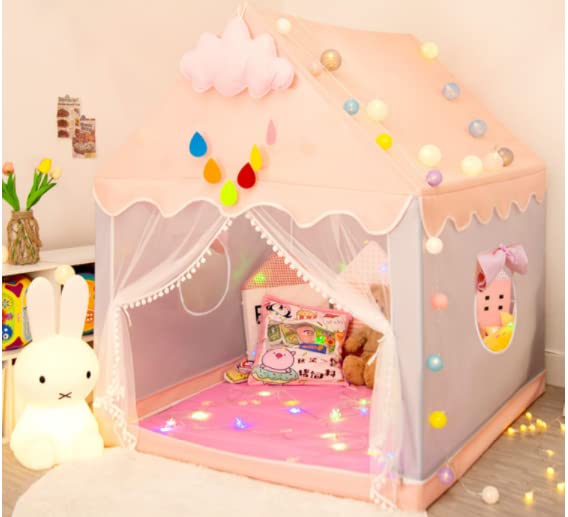 Children's play tent with star lights, girls' princess castle tent, indoor play tent with ball lights and cloud decorations. Dimensions 120x110x130cm.