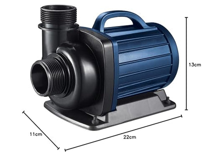 AquaForte DM 8,000 Low Voltage 12 Volt 70 Watt Pond Pump, flow rate 8,000 liters per hour, max. head height 4.5 meters, automatic dry run protection, cable length 10 meters.