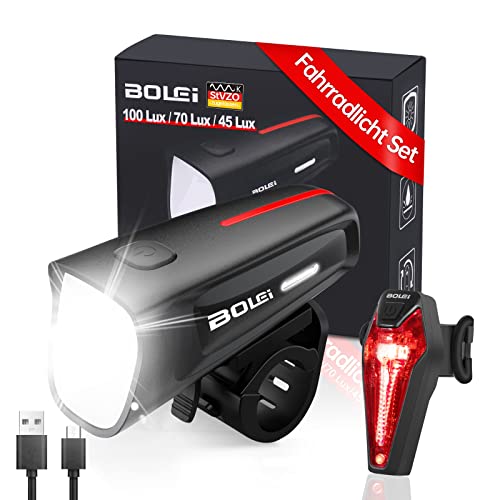 BOLEi LED Bike Light Set 100 LUX | StVZO Approved Bike Lamp | USB Rechargeable Bike Lighting | IPX5 Waterproof Bike Lights | Battery Reminder