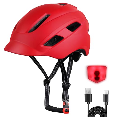 Adult bike helmet with visor and LED, 21 ventilation openings, women's bike helmet, mountain and road bike helmet for men and women, adjustable size 57-61 cm (Red)