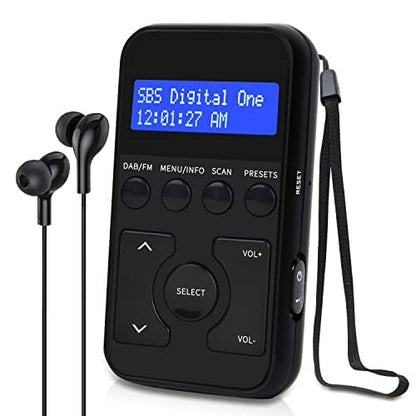 MangoKit MP1 Small Portable Mini DAB/DAB+/FM Radio, Digital Pocket Radio with Headphones, Rechargeable Battery for Sports, Running, Walking, Jogging, or Cycling - Black