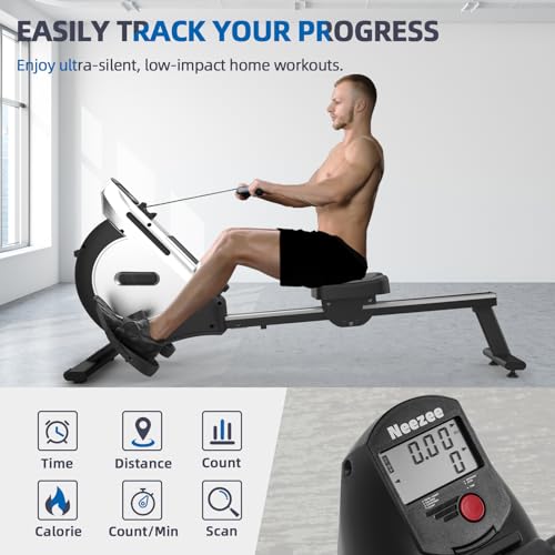 Neezee rowing machine with 16-level magnetic resistance, super silent rowing machine with LCD display, aluminum slide rail and tablet holder, improved rowing machine for home, silver.