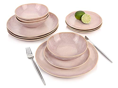 SINGER | Tableware Nice made of earthenware, 12-piece dinner set for 4 people, Pink with gold rim, Modern design