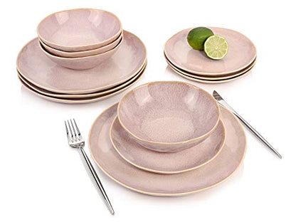 SINGER | Tableware Nice made of earthenware, 12-piece dinner set for 4 people, Pink with gold rim, Modern design