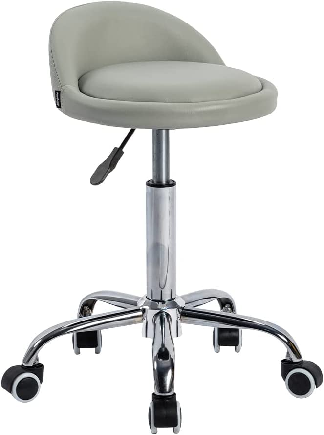 Mingone rolling stool practical stool with wheels office stool height adjustable swivel stool 360° work stool with low backrest faux leather φ36.5cm, grey